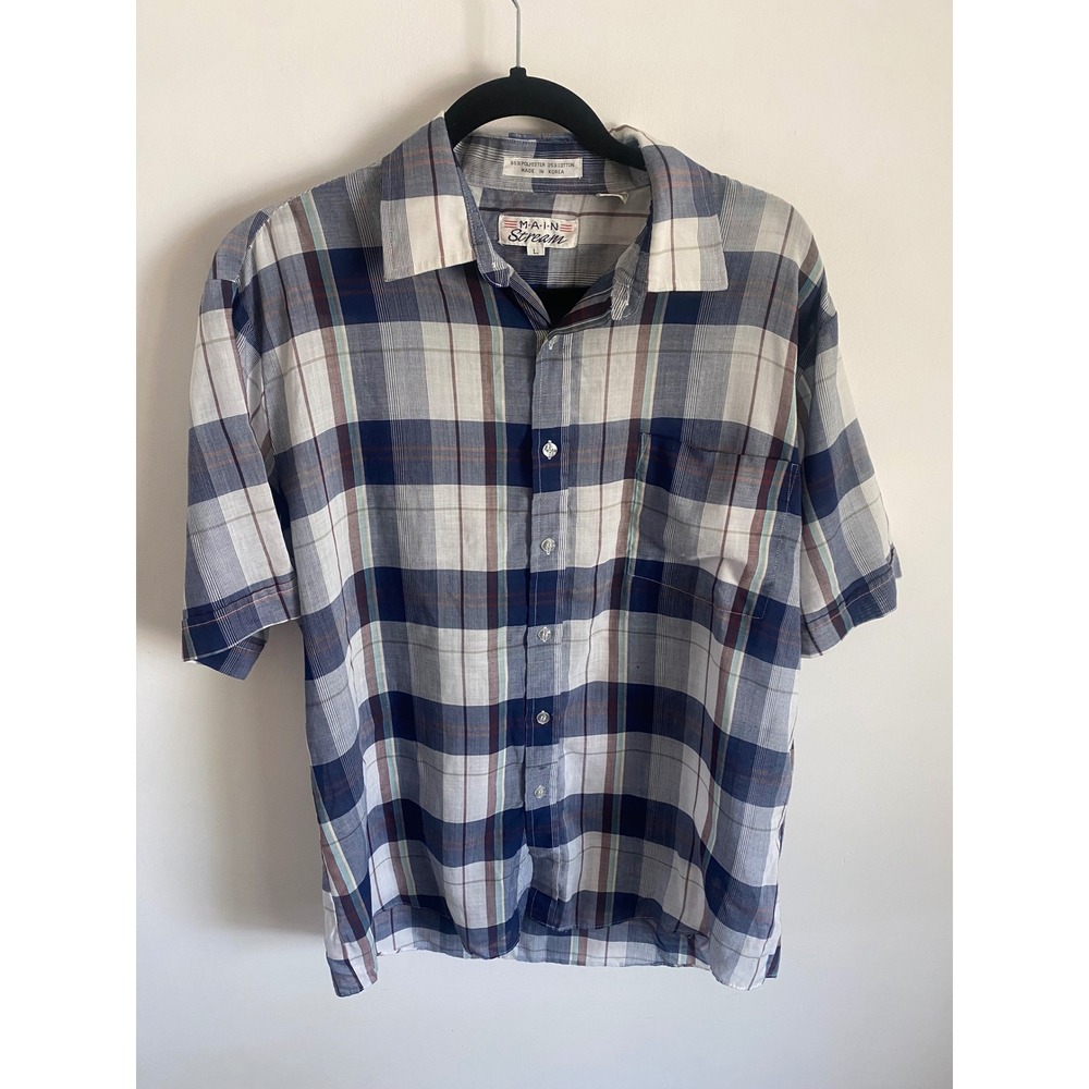 Main Stream Mens Short Sleeve Plaid Button Down Shirt Blue White Brown Large